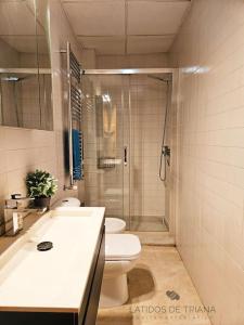 een badkamer met een douche, een toilet en een wastafel bij Latidos de Triana - ático con vistas a todo Sevilla in Sevilla