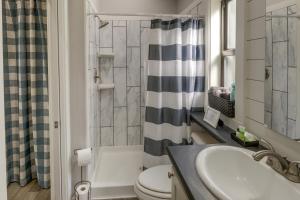 une salle de bain avec un lavabo, des toilettes et une douche dans l'établissement Fishing Pond Minervas Cottage in West Point!, à Winchester 16 autres photos