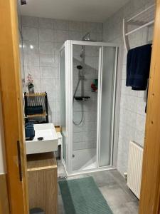 a bathroom with a shower and a sink at Kreischberg-Blick in Lutzmannsdorf