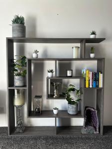 a wooden book shelf with plants and books at Priest Royd Nook - Luxury Lodgings 