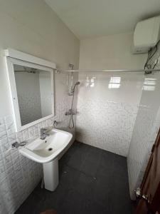 bagno bianco con lavandino e specchio di Roseberry Villa a Nuwara Eliya