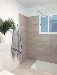a bathroom with a shower with a glass door at Isamena in Las Playitas +29 photos