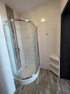 a shower with a glass door in a bathroom at Apartament Krasnostawski in Krasnystaw