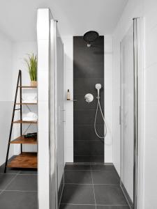 a bathroom with a walk in shower and a glass door at INhome 3x TV - Terrasse - Küche - Parken- Netflix in Crailsheim