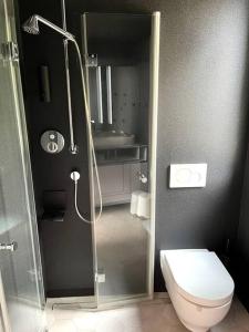 a bathroom with a shower and a toilet and a sink at KODA Concrete villa by the river with sea view in Papsaare