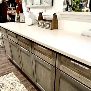 a kitchen counter with a white counter top at Pet Friendly Graham 2 Bedroom Home Christmas 365 at The Mistletoe Farm in Graham