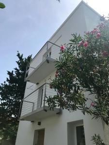 un edificio bianco con balcone e fiori rosa di Guesthouse - Hotel California a Novalja (Novaglia)
