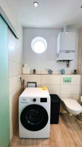 a washing machine in a bathroom with a toilet at Häuschen am Plenzer in Ingelheim am Rhein