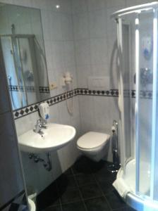 La salle de bains est pourvue d'un lavabo, de toilettes et d'une douche. dans l'établissement Hotel Sparerhof, à Vilpiano