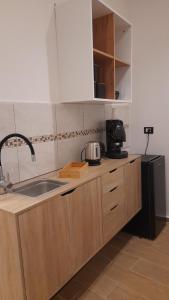 a kitchen with wooden cabinets and a sink and a refrigerator at Garden Suite Apartment in Palermo