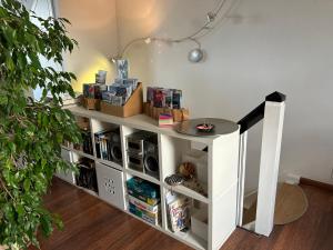 a white book shelf in a room with books at Dachstudio im Geteviertel - citynah in Bremen