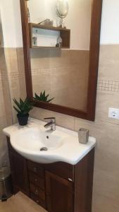 a bathroom with a sink and a mirror at Casă privată in Rozavlea