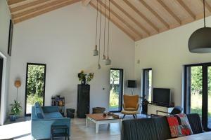 a living room with a couch and chairs at Wäller Haus - Modern villa with fireplace & large natural garden in Breitscheid
