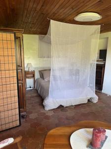 a bedroom with a bed with a net at Gîte à la campagne et son jacuzzi privatif 