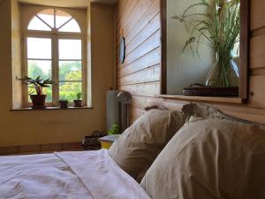 ein Schlafzimmer mit einem Bett mit zwei Kissen und einem Fenster in der Unterkunft Le Domaine de la Cloche in Saint Pavace