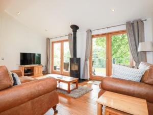 een woonkamer met lederen meubels en een houtkachel bij 6 Water's Edge in Looe