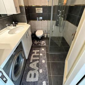 a bathroom with a sink and a washing machine at Luxurious Green Garden Flat by SUMMITVISTA in Istanbul