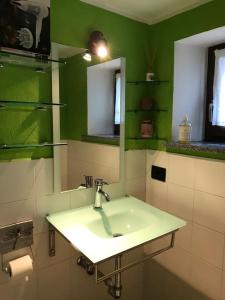 Baño verde con lavabo y espejo en Artemisia, en Roisan