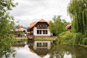 una casa junto a un río con un edificio en White Dove Pension, en Miercurea-Ciuc