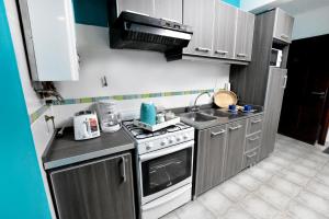 a small kitchen with a stove and a sink at Cálido Destino in Ushuaia