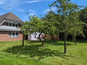 three trees in a yard in front of a house at Ferienhaus Iris in Wangerland
