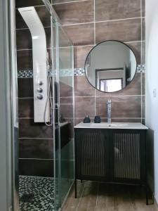 een badkamer met een wastafel en een spiegel bij Cherad in Arveyres