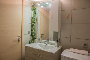 uma casa de banho com um lavatório, um WC e um espelho. em Urban Oasis, Stylish Short Stay Apartment in Piraeus Center em Pireu
