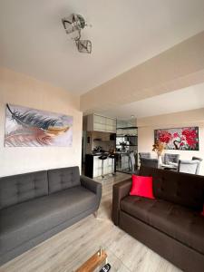 sala de estar con sofá y almohada roja en Apartment with 2 bedrooms next to Miraflores, en Lima