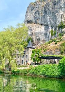 a building on the side of a river next to a mountain at Pieds dans l'eau Private Wellness Bordure de Meuse in Lustin