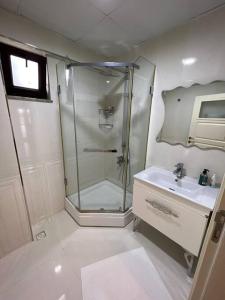 uma casa de banho com um chuveiro e um lavatório. em Villam em Kartepe
