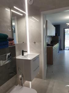 a bathroom with a sink and a toilet at Apartamenty Kornel 3 in Pobierowo
