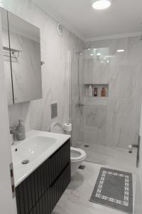 a bathroom with a shower and a sink and a toilet at Flonikos Apartmnets in Tsimándria +37 photos