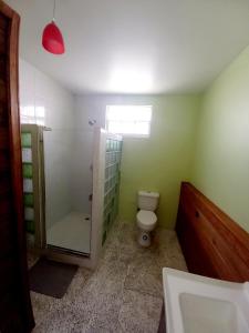 uma casa de banho com um WC, um chuveiro e um lavatório. em Dado's Place em Calibishie