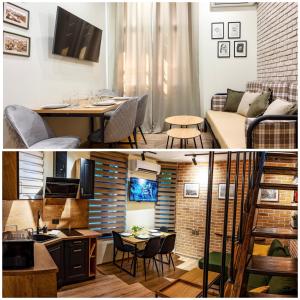 a living room and a living room with a table and chairs at ApartPro Apartments, Veliko Tarnovo in Veliko Tŭrnovo