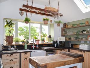 eine Küche mit Holzschränken und einer Theke mit Topfpflanzen in der Unterkunft Victory Hall Cottage in Spilsby