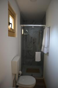 a bathroom with a toilet and a glass shower at Refugio D Alecrim in Paredes