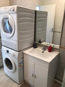 Un baño con lavadora y lavadora. en F2 65m2 parking privé avec une belle vue, en Metz