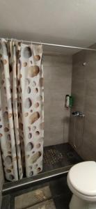 a bathroom with a shower curtain with a toilet at ΣΤΟΥΝΤΙΟ ΕΥΑΓΓΕΛΙΑ in Nafpaktos