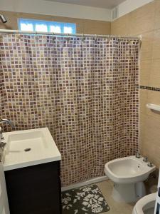 a bathroom with a sink and a toilet and a shower at Depto 1 dormitorio vista al mar!! in Puerto Madryn