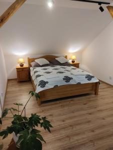 ein Schlafzimmer mit einem Bett und zwei Nachttischen in der Unterkunft Ranczo Popowice in Pątnów