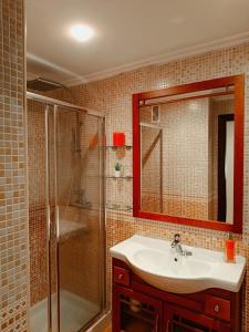 a bathroom with a sink and a shower at Atico Rias Baixas in Vilagarcia de Arousa