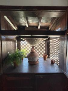 洛斯雷亞萊霍斯的住宿－Casa La Aldaba，花瓶坐在桌子上,上面有植物