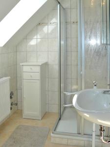 ein weißes Bad mit einer Dusche und einem Waschbecken in der Unterkunft Ferienwohnungen mit Balkon in Kröslin