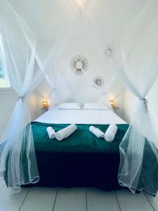 sypialnia z łóżkiem z 2 poduszkami w obiekcie Bel appartement cosy - Les pieds dans l'eau w mieście Le Gosier
