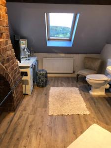 ein Bad mit einem WC, einem Waschbecken und einem Fenster in der Unterkunft Halday in Stafford
