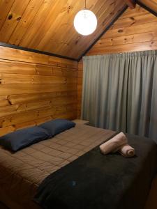 ein Schlafzimmer mit einem Bett in einer Holzhütte in der Unterkunft Dakune Chill - The Chalet in Ohakune