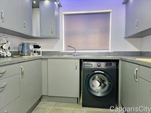 een keuken met een wasmachine en een wastafel bij Bridge Street Guest Rooms in Tranent