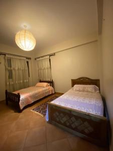 1 Schlafzimmer mit 2 Betten und einem Kronleuchter in der Unterkunft Bahga villa in Alexandria