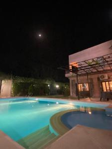 a large swimming pool at night with a building at Bahga villa in Alexandria