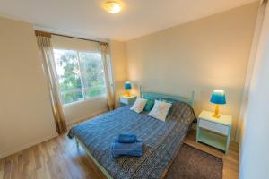 1 dormitorio con cama con sábanas azules y ventana en Oceana Suites Bahia Pelicanos en Puchuncaví